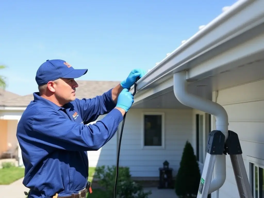 A technician cleaning gutters on a residential home with a clear, organized workspace, showcasing the meticulous approach of Gutter Cleaning Folsom.