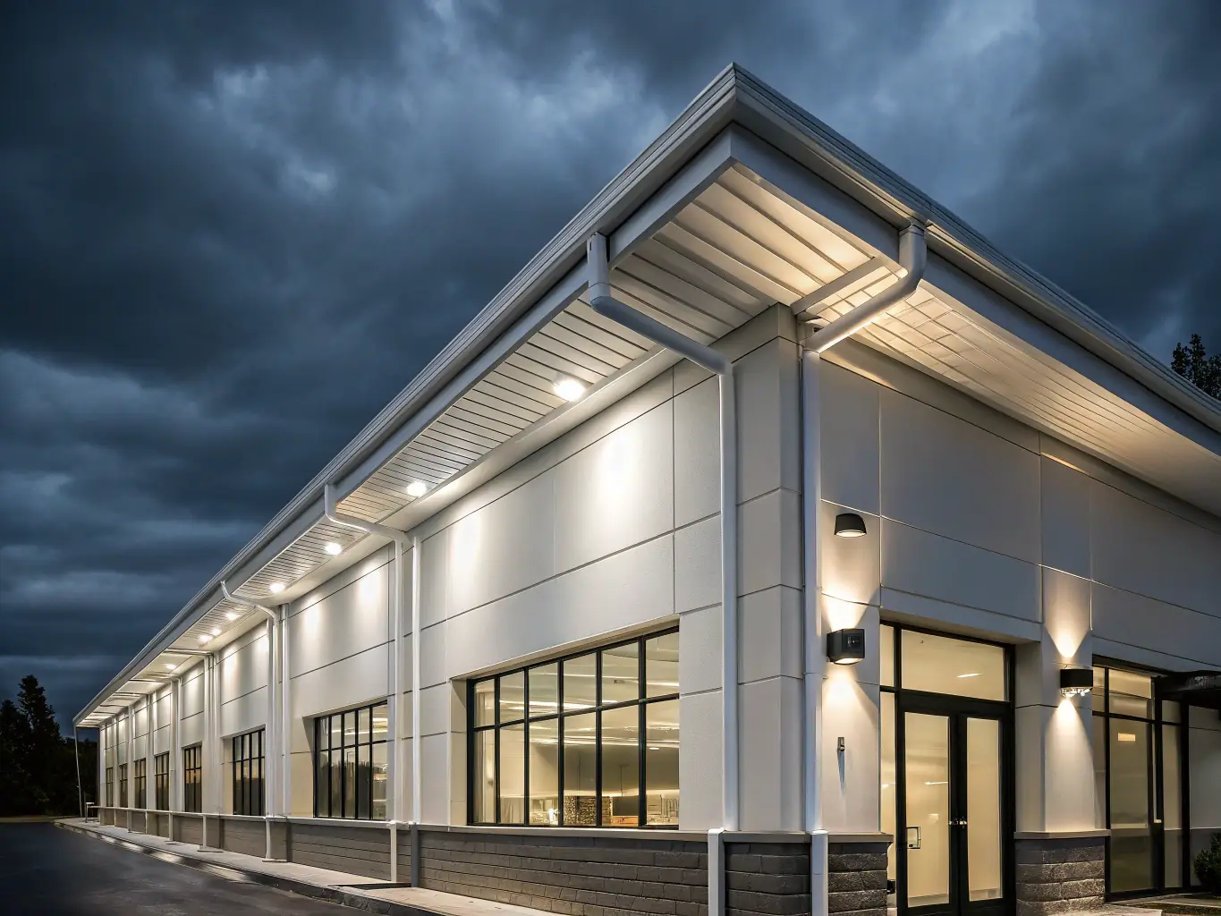 A commercial office building with clean gutters, emphasizing the importance of maintaining building integrity and safety standards.