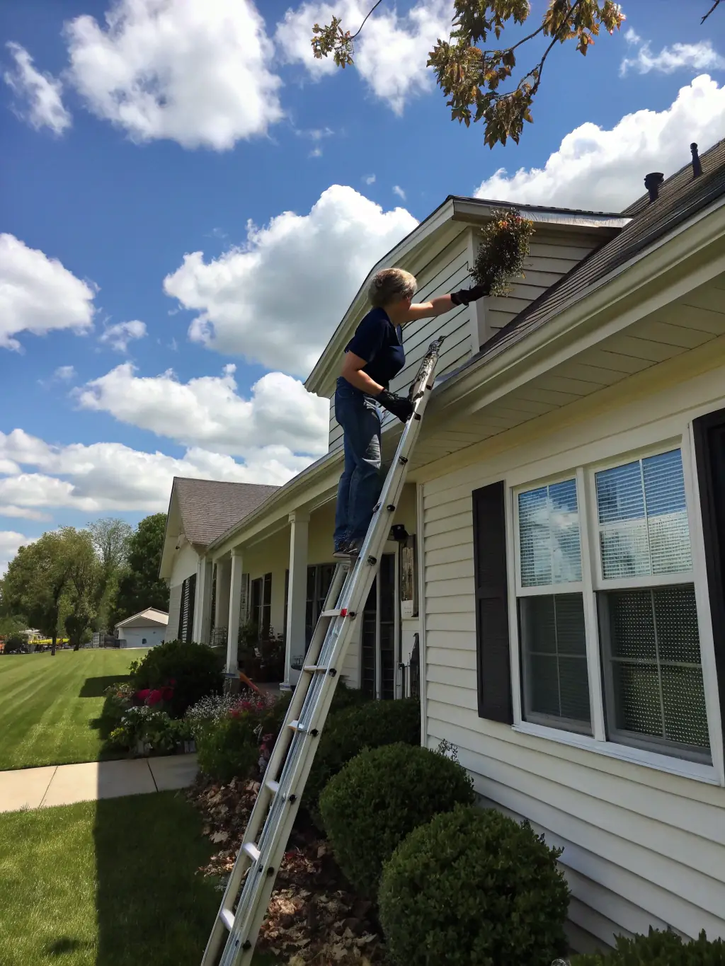 A Gutter Cleaning Folsom technician expertly cleaning a gutter, demonstrating their experience and skill.