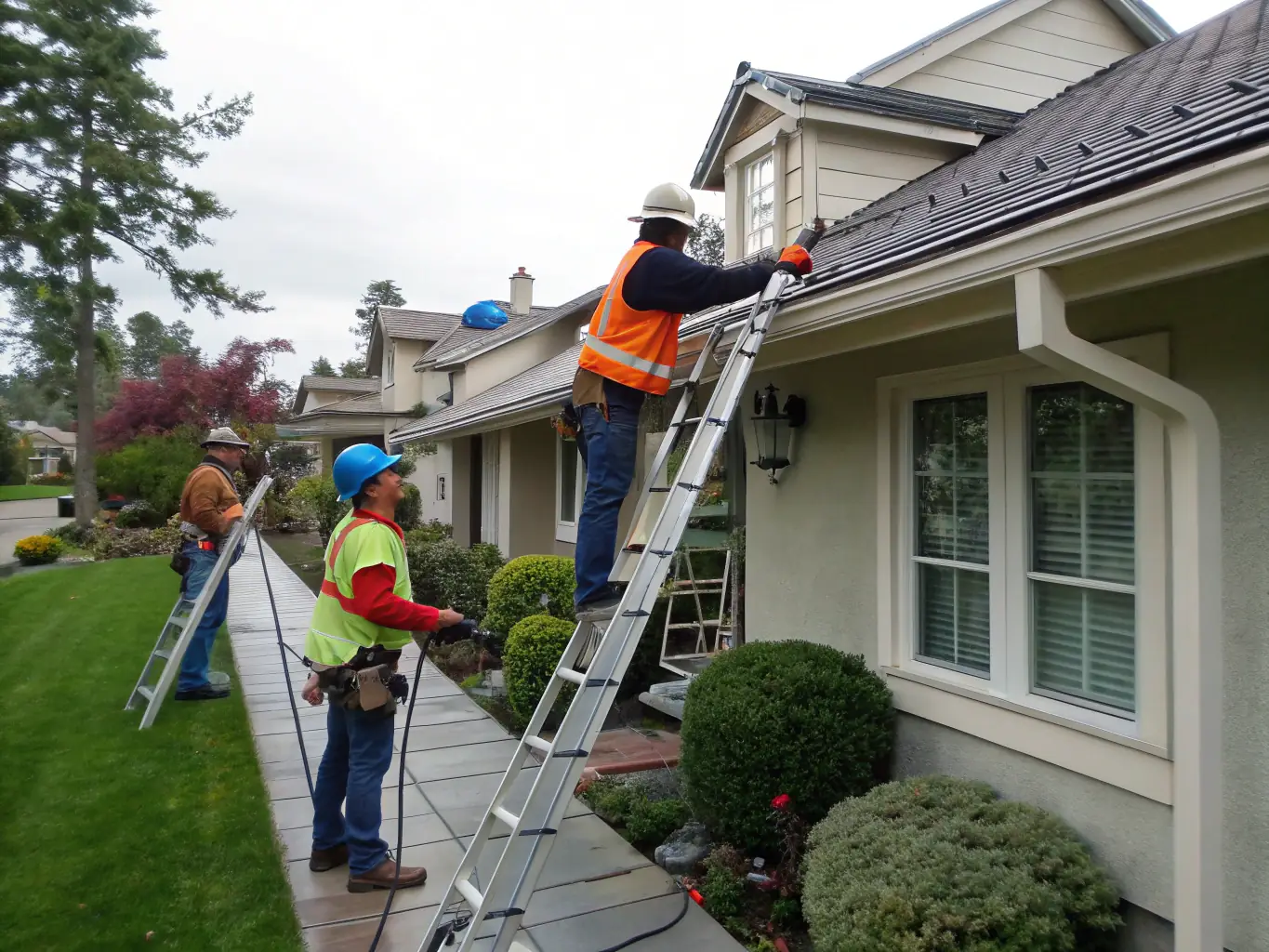 A team cleaning gutters on a commercial office building with industrial equipment, demonstrating the scale and professionalism of Gutter Cleaning Folsom.