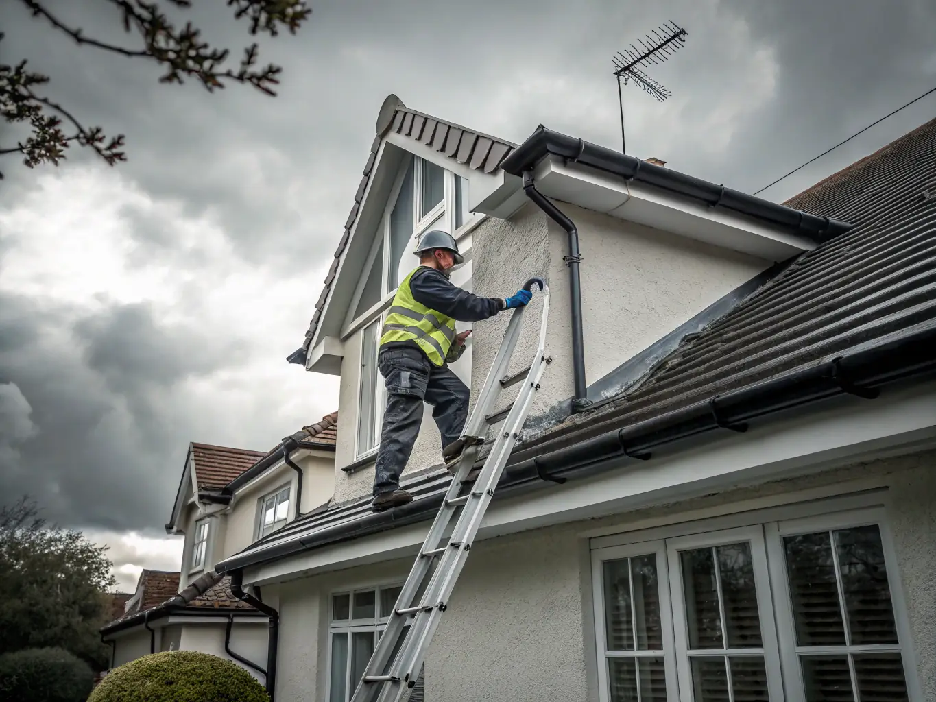 A two-story home with a technician safely cleaning the gutters, highlighting the use of safety equipment and professional techniques.