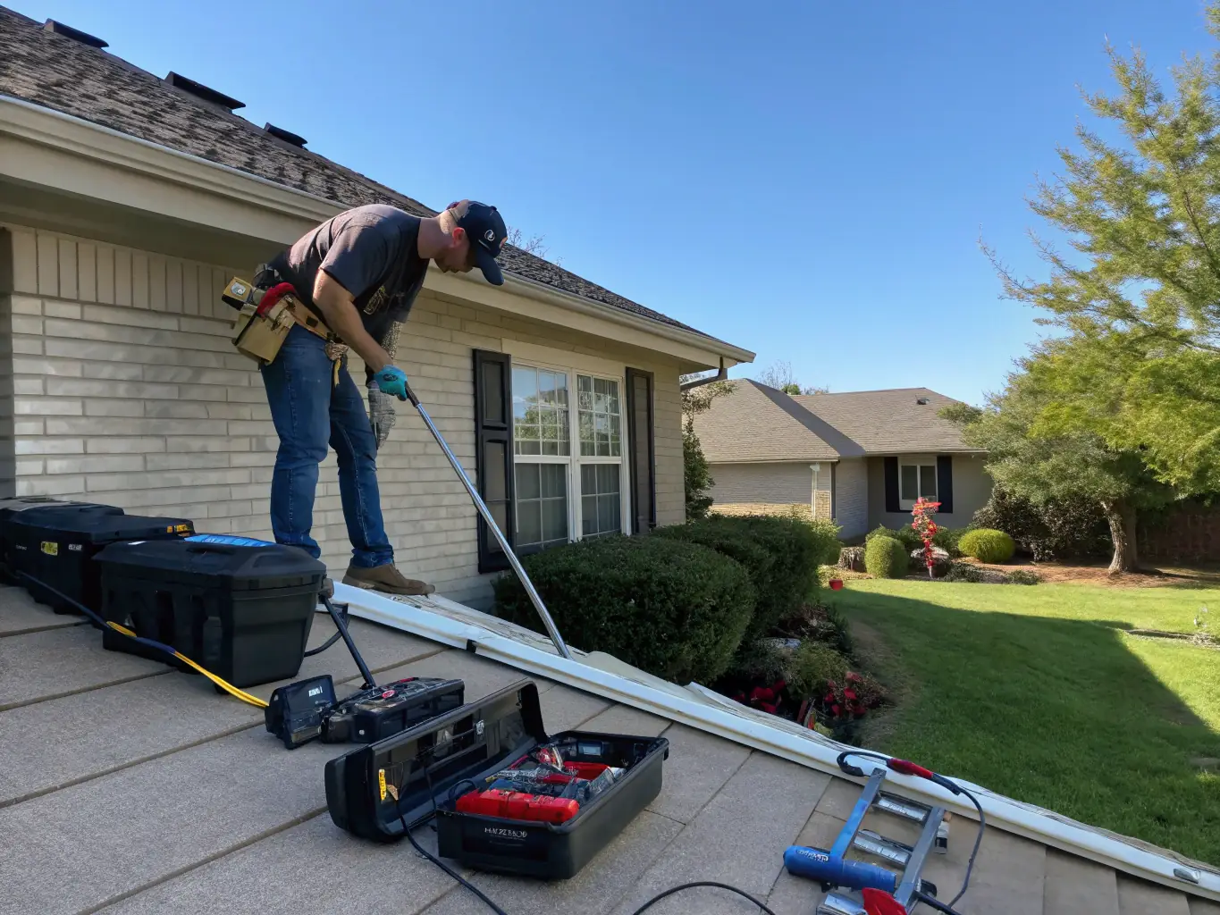 Close-up of a technician unclogging a downspout with specialized tools, highlighting the precision and expertise of Gutter Cleaning Folsom.
